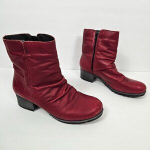 Bos & Co Red Leather Ruched Slouchy Side Zip Ankle Boots